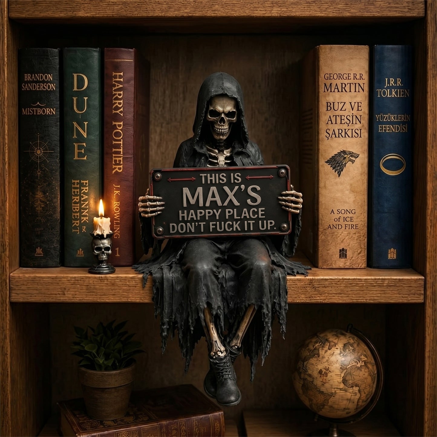 Personalized “Happy Place” Skeleton Bookshelf Decor
