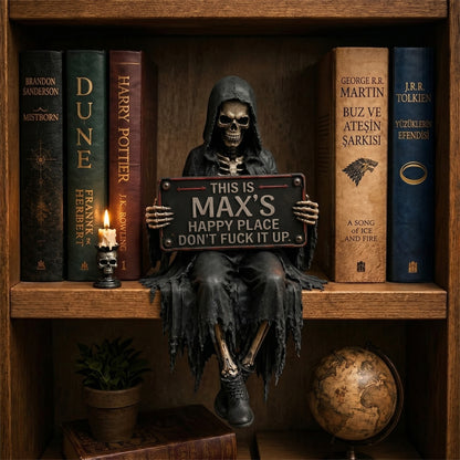 Personalized “Happy Place” Skeleton Bookshelf Decor