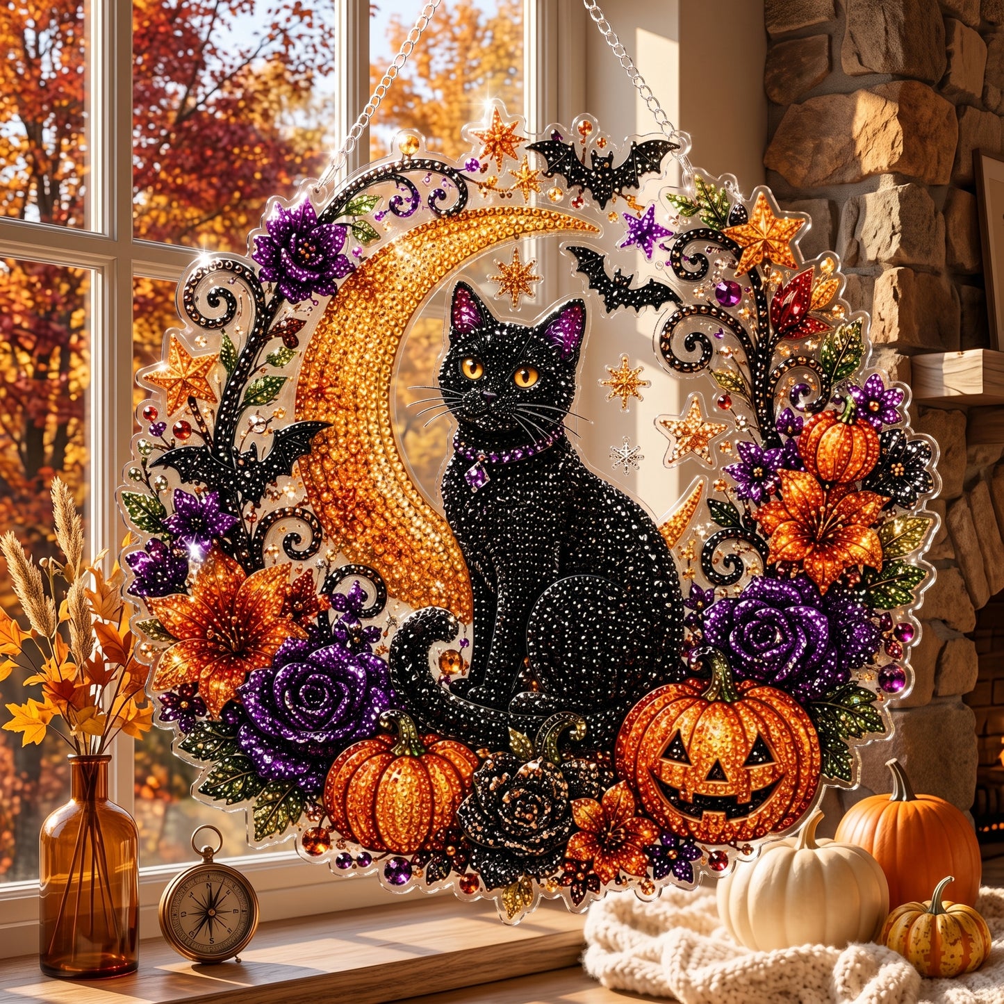 🐈🎃Halloween Black Cat Moon Diamond Art Hanging Ornament – DIY Sparkling Décor Kit