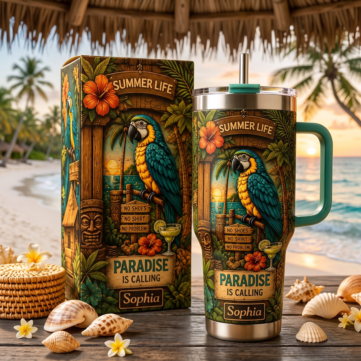 Personalized Summer Life Tropical Parrot Beach Handle Tumbler
