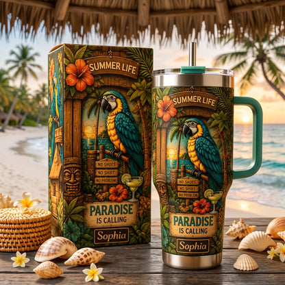 Personalized Summer Life Tropical Parrot Beach Handle Tumbler