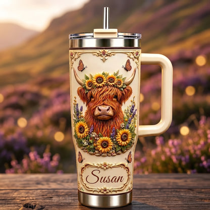 Personalized Highland Cow Sunflower Tumbler