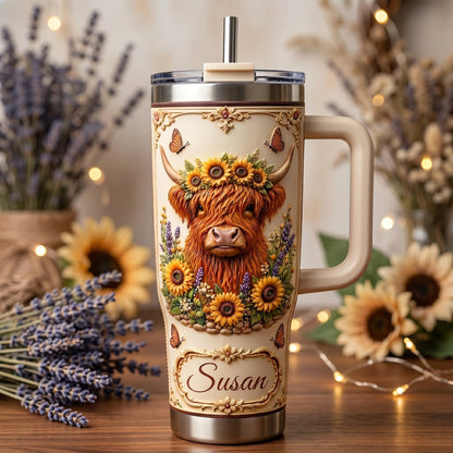 Personalized Highland Cow Sunflower Tumbler