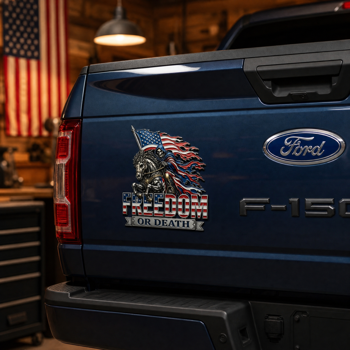 Freedom or Death Metal USA Flag Skeleton Rider Car Emblem