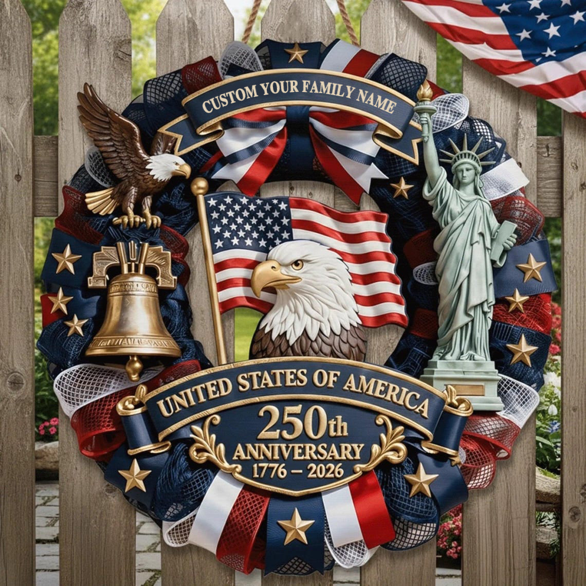 Personalized America 250th Anniversary Wreath-1776-2026 Patriotic Door Sign Semiquincentennial Family Name Decor