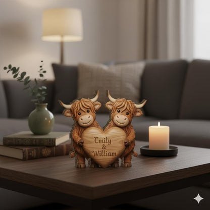 🐮 Personalized Highland Cow Couple Wooden Sign