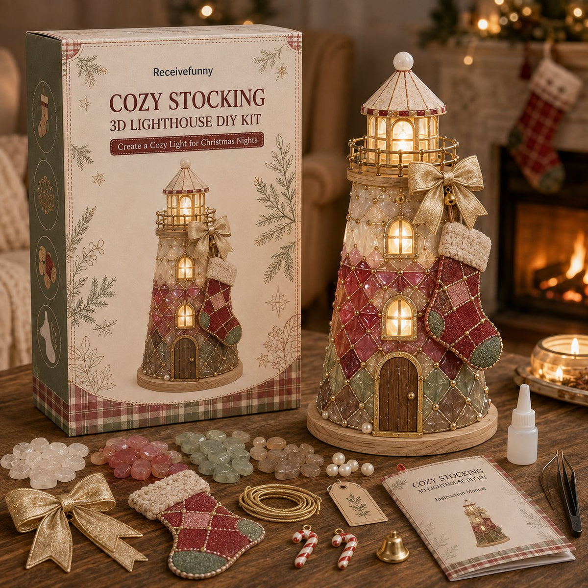 🎄Beginner-Friendly DIY Lighted Christmas Character Sea Glass-Style Lighthouse Kit Collection | Complete Kit with Sea Glass-Style Pieces, LED Lights & Step-by-Step Guide Included