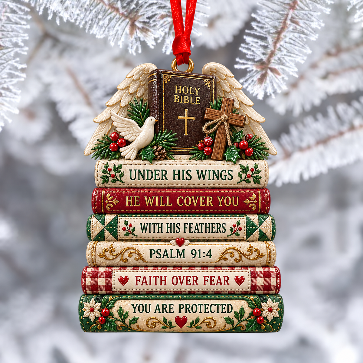 📖 Christian Bible Verse Book Stack Ornament – Faith-Inspired Hanging Decor