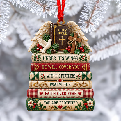 📖 Christian Bible Verse Book Stack Ornament – Faith-Inspired Hanging Decor