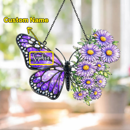 Custom Birth Flowers Suncatcher, Butterly Window Hanging, Birth Flower Gift