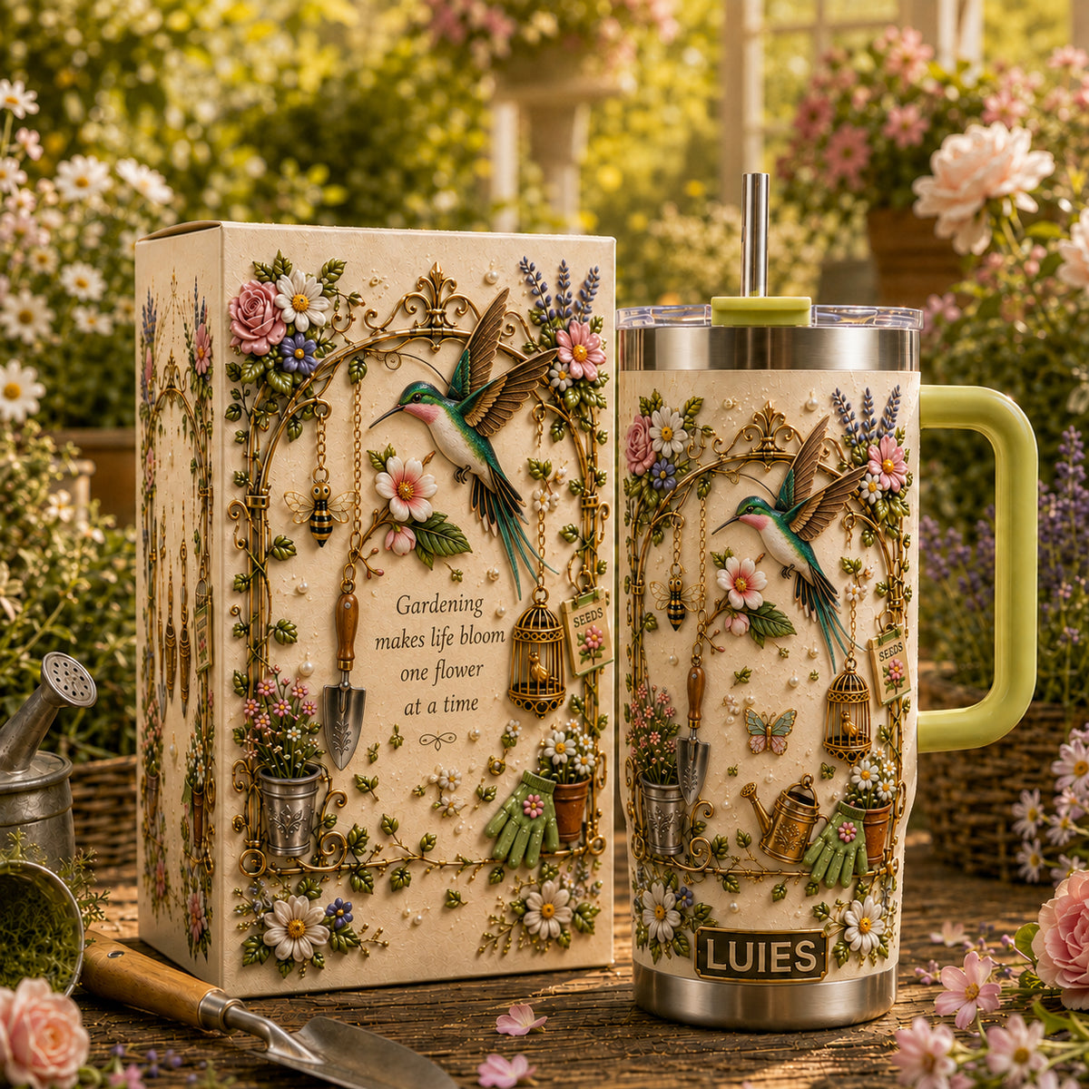 Personalized Gardening Hummingbirds & flowers Tumbler