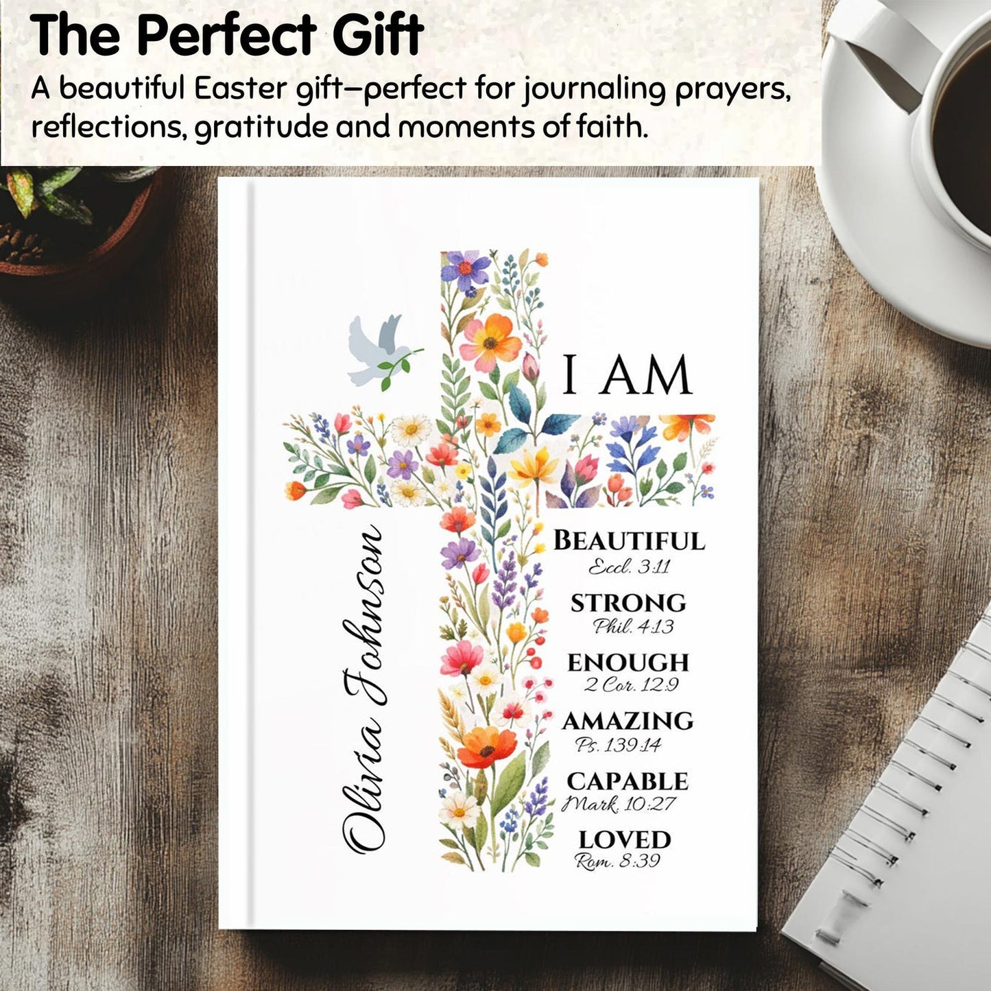 Personalized Easter Notebook: Floral Cross Journal with Custom Name, Easter gift for kids, Easter basket stuffer