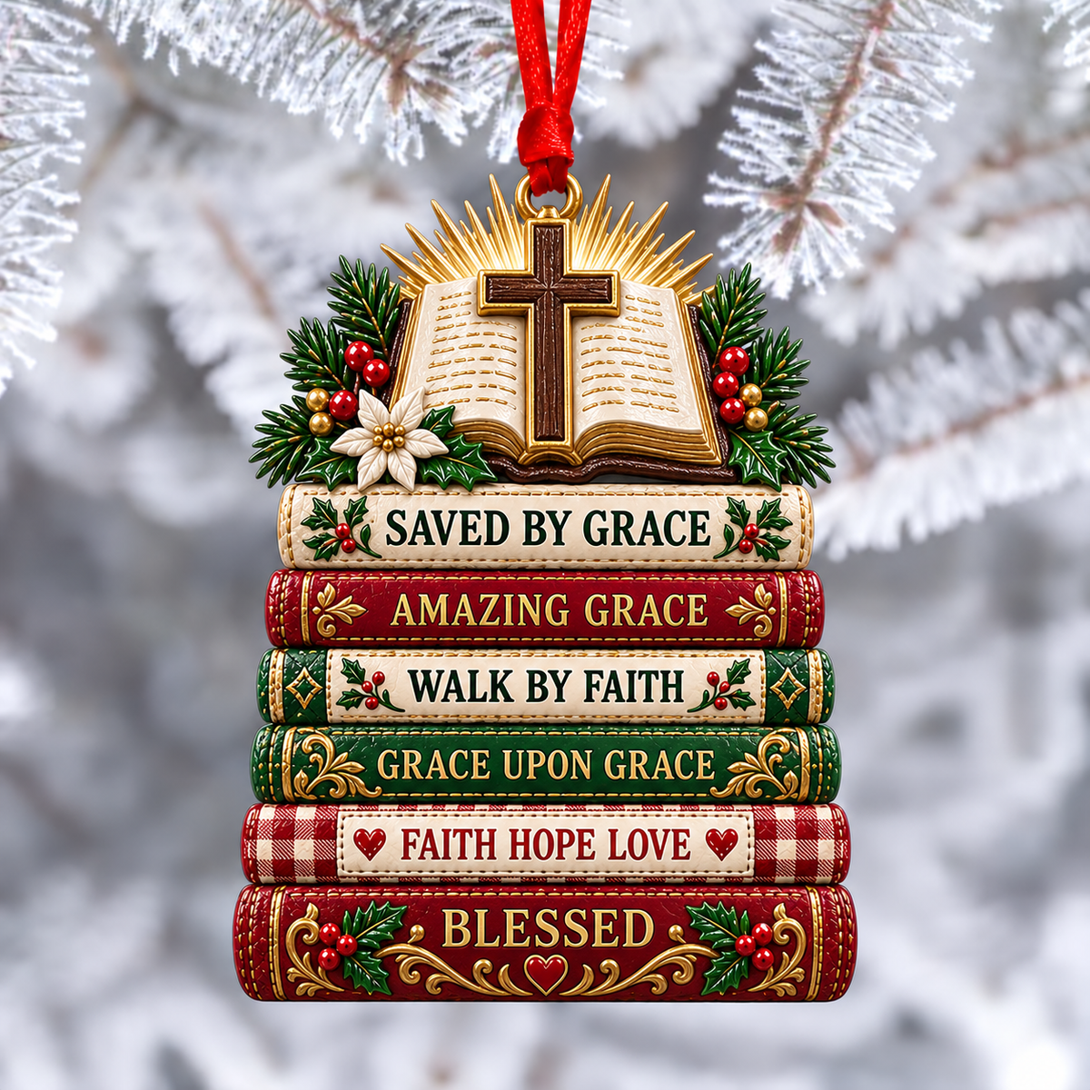 📖 Christian Bible Verse Book Stack Ornament – Faith-Inspired Hanging Decor