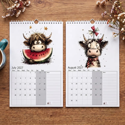 2027 Highland Cow Wall Calendar – Cute Monthly Planner Calendar, Farmhouse Animal Desk & Wall Calendar with Notes Section