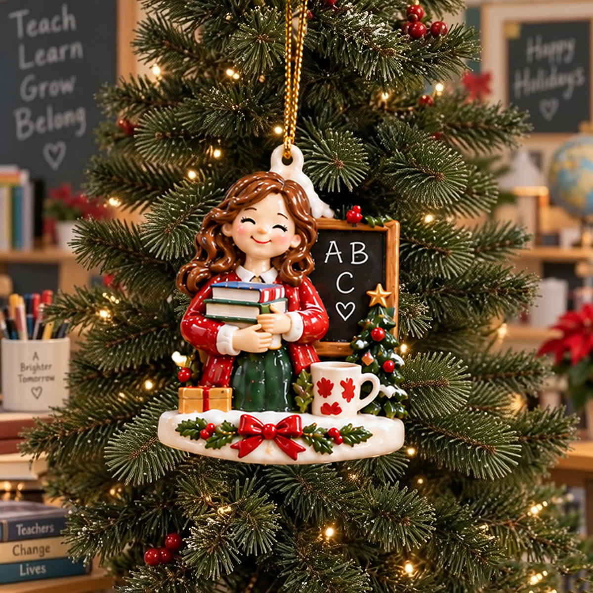 Teacher Appreciation Christmas Ornament – Rustic School-Themed Tree Decor