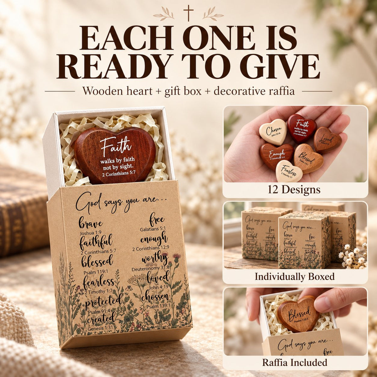 Christian Pocket Heart Gift Set - 12 Faith-Inspired Wooden Hearts with Individually Boxed Keepsakes