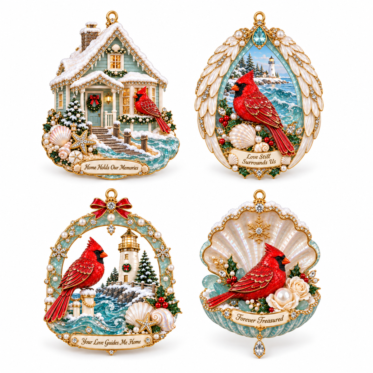Coastal Cardinal Christmas Memorial Ornament Set