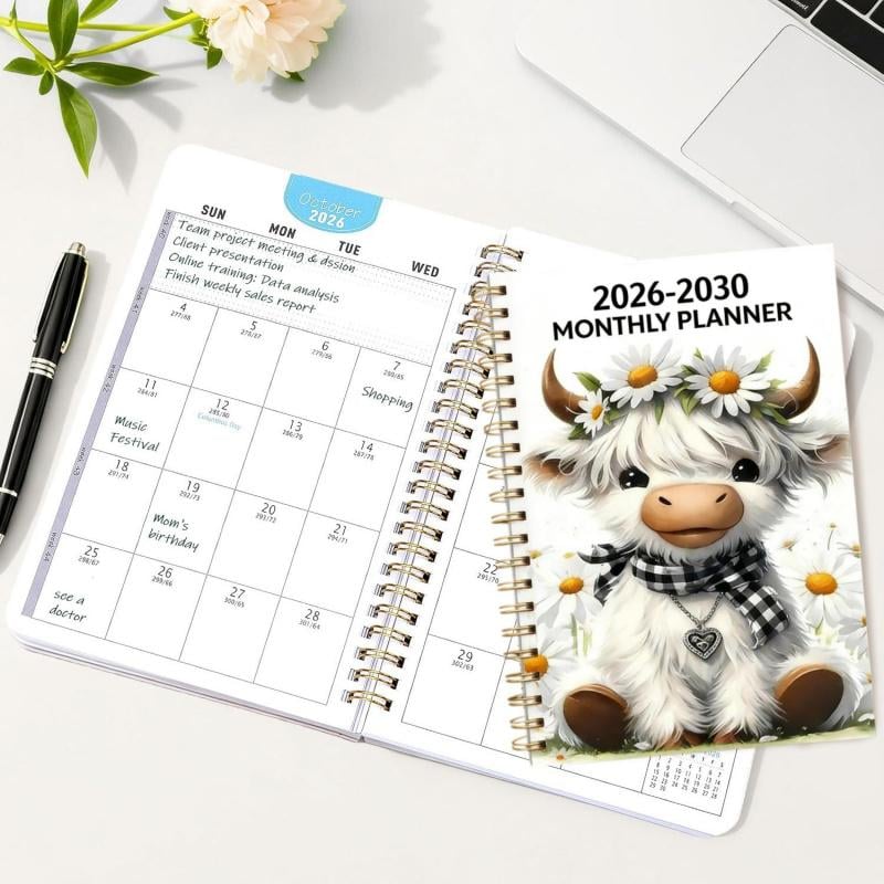 2026–2030 Monthly Planner – Cute Highland Cow Spiral Bound Calendar