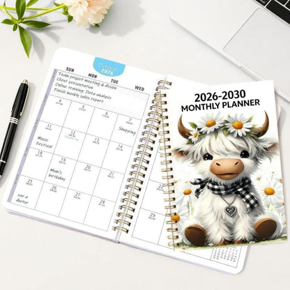 2026–2030 Monthly Planner – Cute Highland Cow Spiral Bound Calendar
