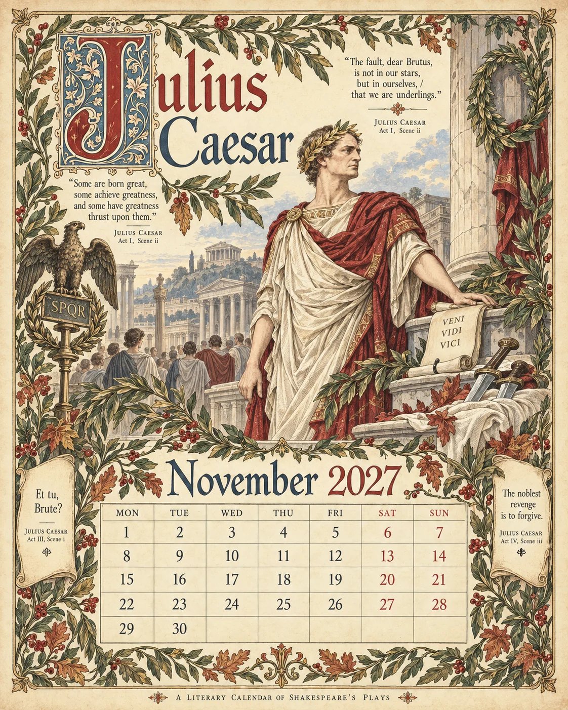 2027 Shakespearean Literary Wall Calendar –Vintage Medieval Art, 12 Months of Iconic Plays