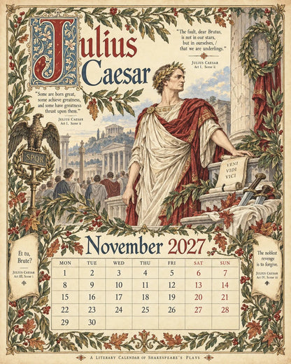 2027 Shakespearean Literary Wall Calendar –Vintage Medieval Art, 12 Months of Iconic Plays