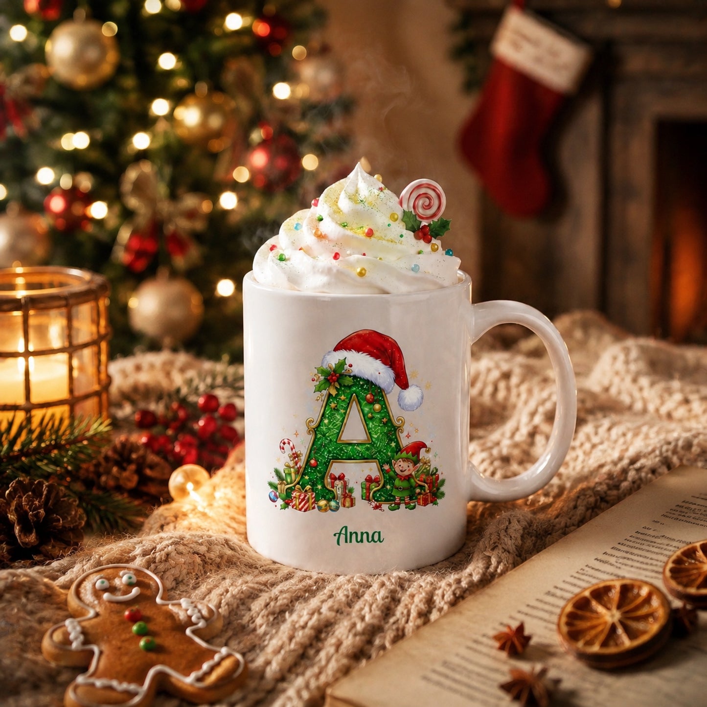 ☕Personalized Christmas Initial Mug – Custom Name Ceramic Coffee Cup (A-Z)