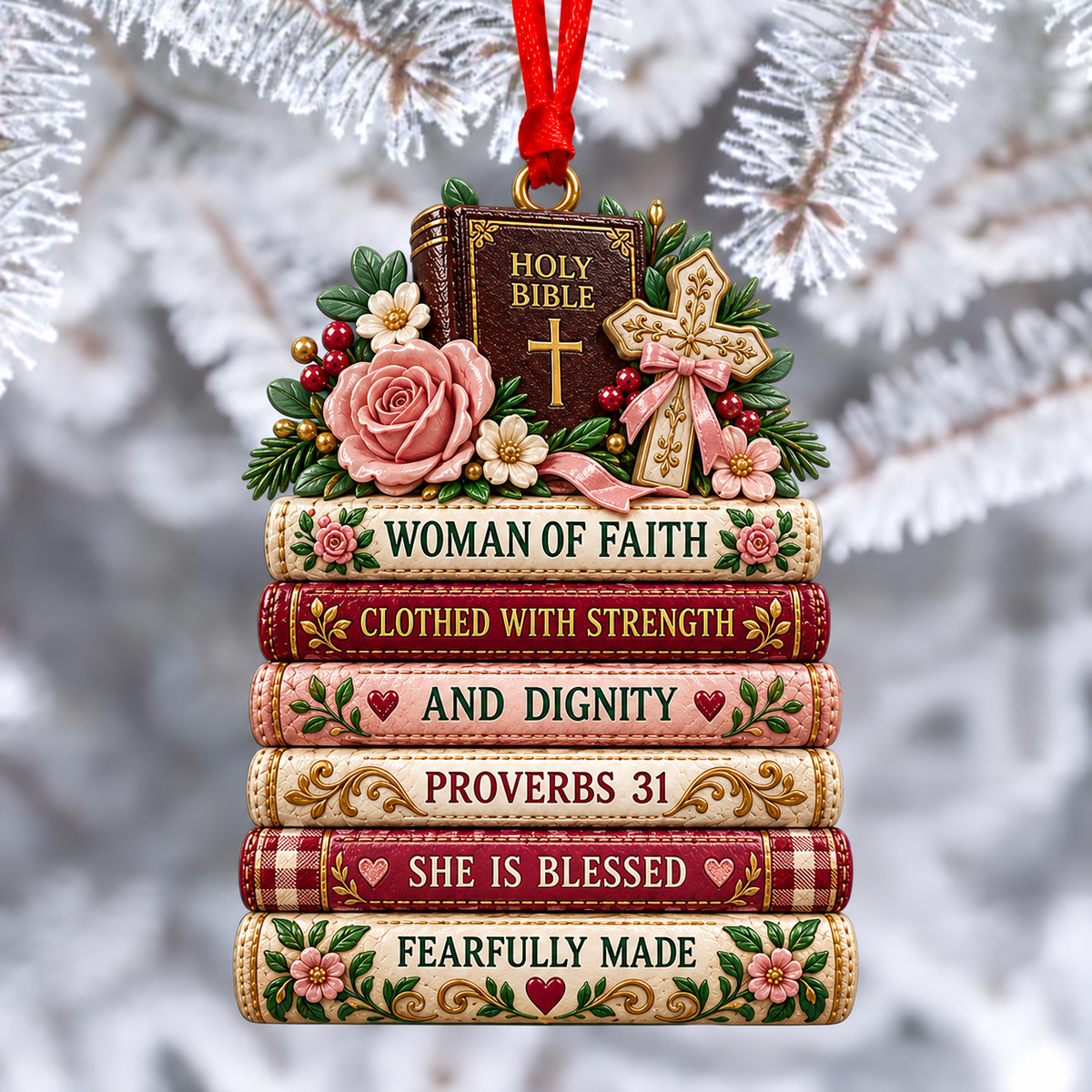 📖 Christian Bible Verse Book Stack Ornament – Faith-Inspired Hanging Decor