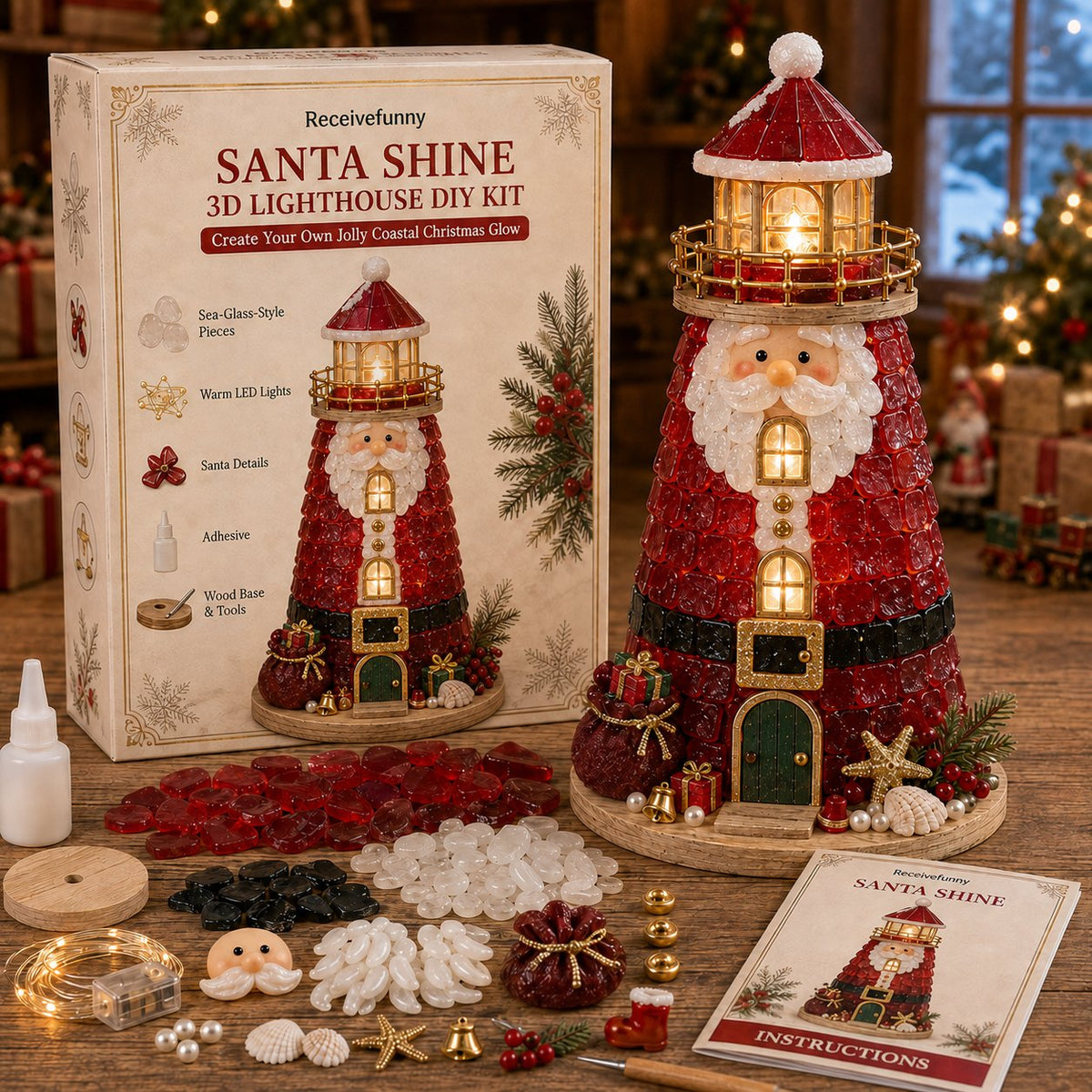 🎄Beginner-Friendly DIY Lighted Christmas Character Sea Glass-Style Lighthouse Kit Collection | Complete Kit with Sea Glass-Style Pieces, LED Lights & Step-by-Step Guide Included
