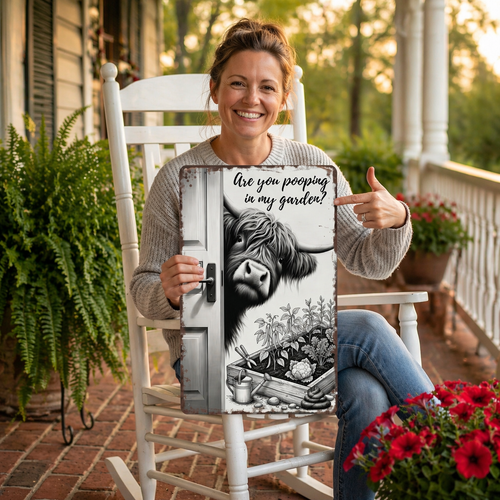 🔥Funny Vintage Highland Cow Sign – "Are You Pooping In My Garden?" Wall Decor😂