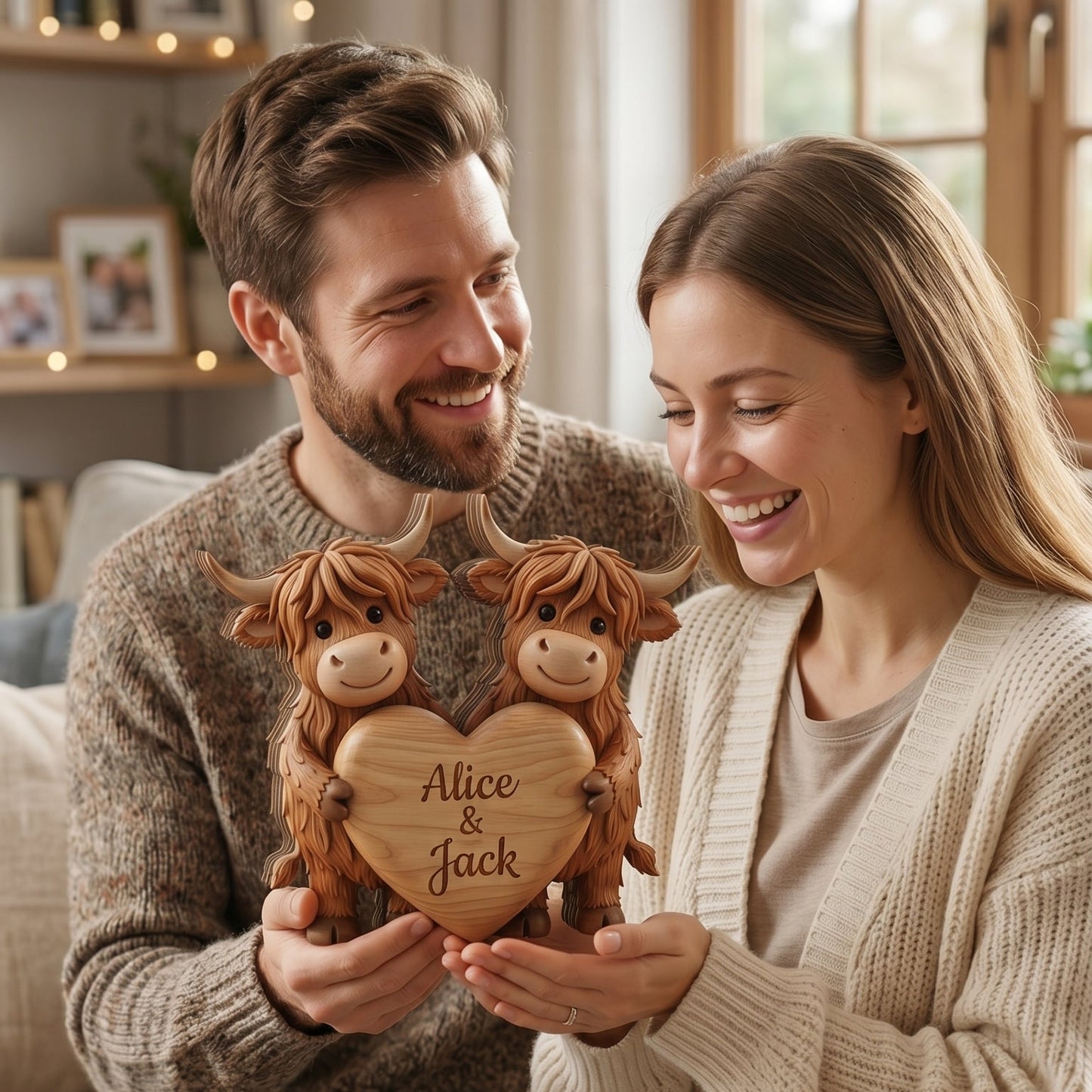 🐮 Personalized Highland Cow Couple Wooden Sign