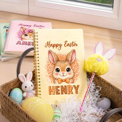 Personalized Happy Easter Cute Rabbit Spiral Notebook and Pom Puff Pen Set with Lined Pages and Name Easter Birthday Gift for Boys Girls