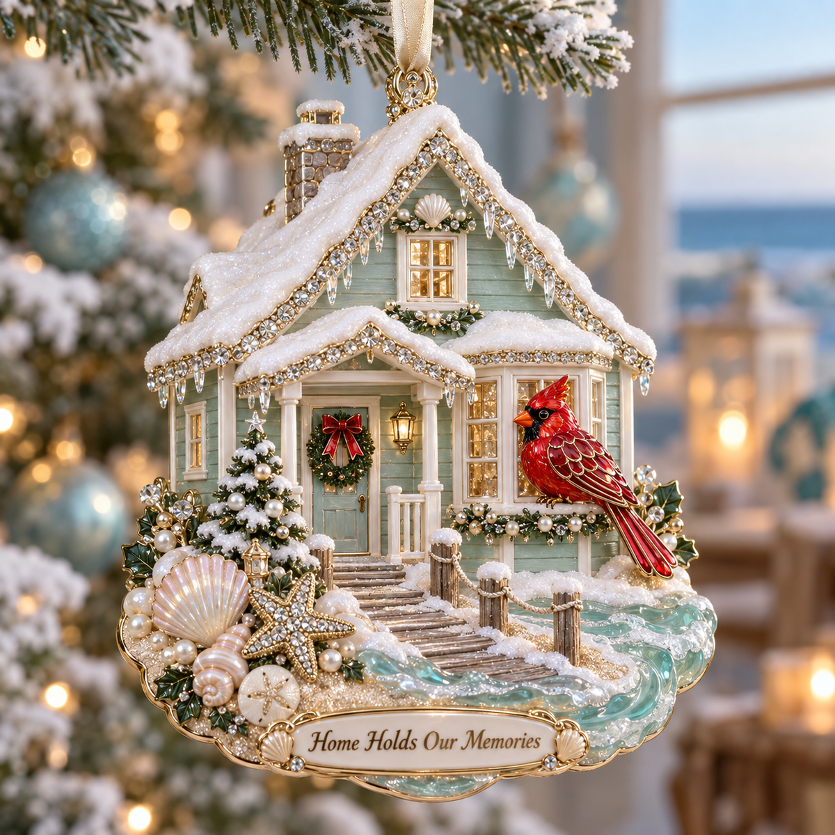 Coastal Cardinal Christmas Memorial Ornament Set