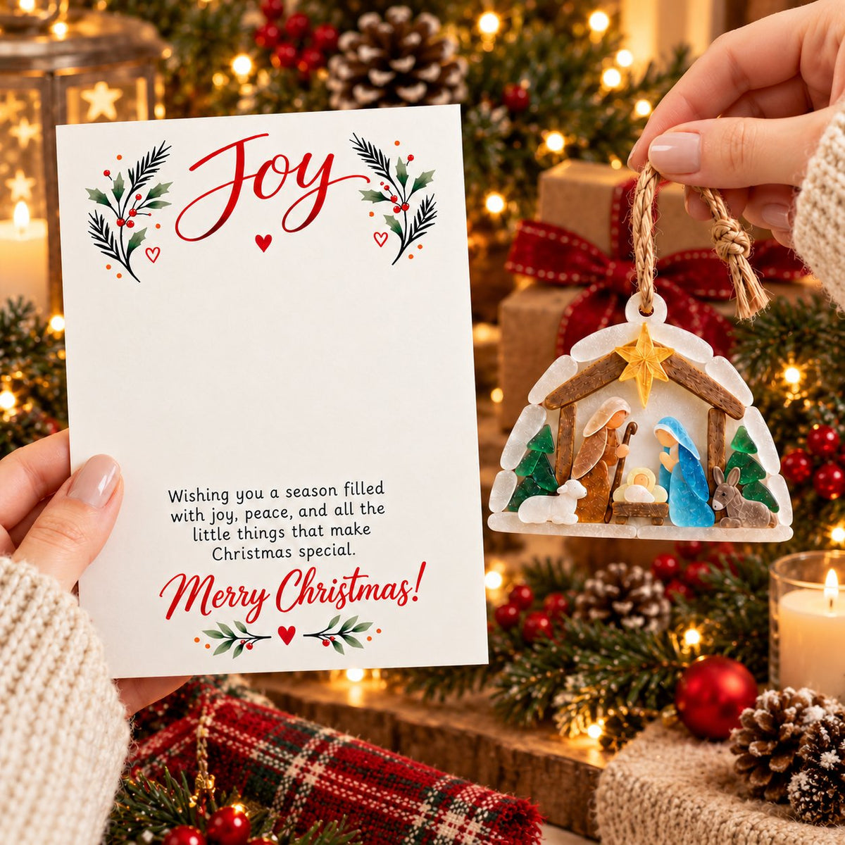 ✝️ Joy Nativity Christmas Ornament with Greeting Card – A Meaningful Christmas Keepsake 🎄❤️✨