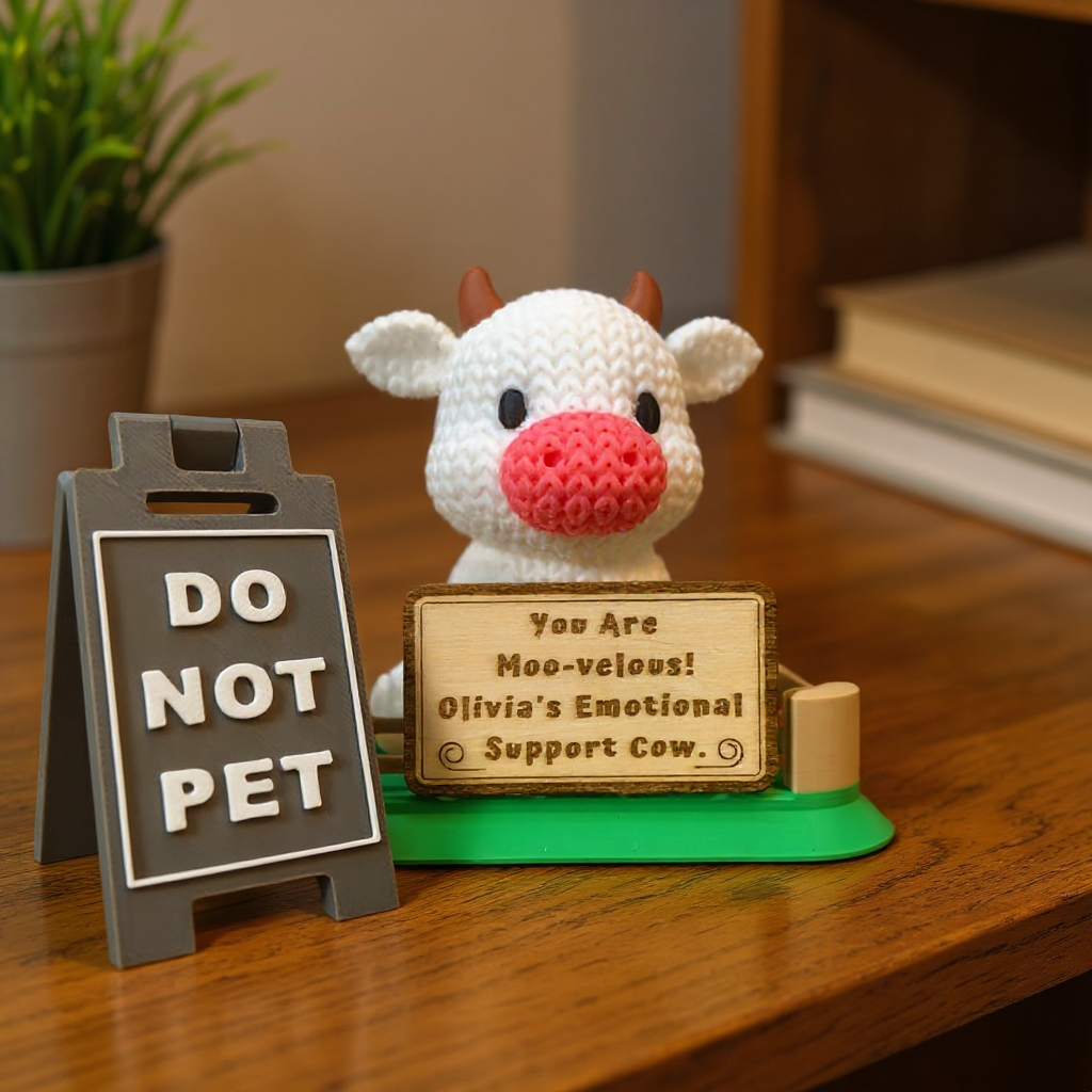Emotional Support Cow Desk Buddy | Personalized Cow with Custom Wooden Sign