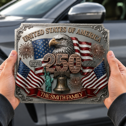 Personalized USA 250th Anniversary Family Magnetic Car Decal – 1776-2026 Patriotic Metal Emblem