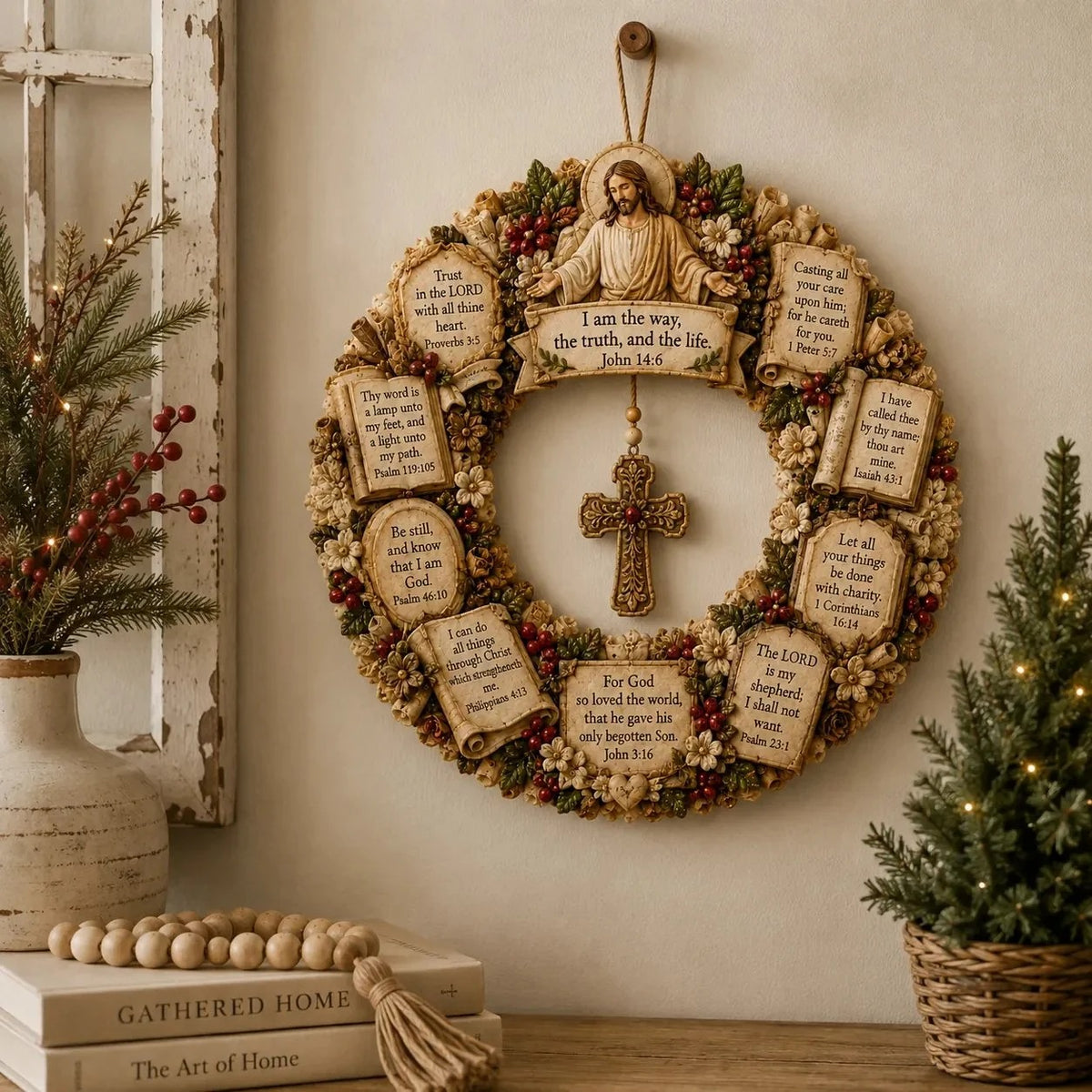 🕊️ Christian Scripture Christmas Wreath – Faith-Inspired Holiday Wall & Door Decor