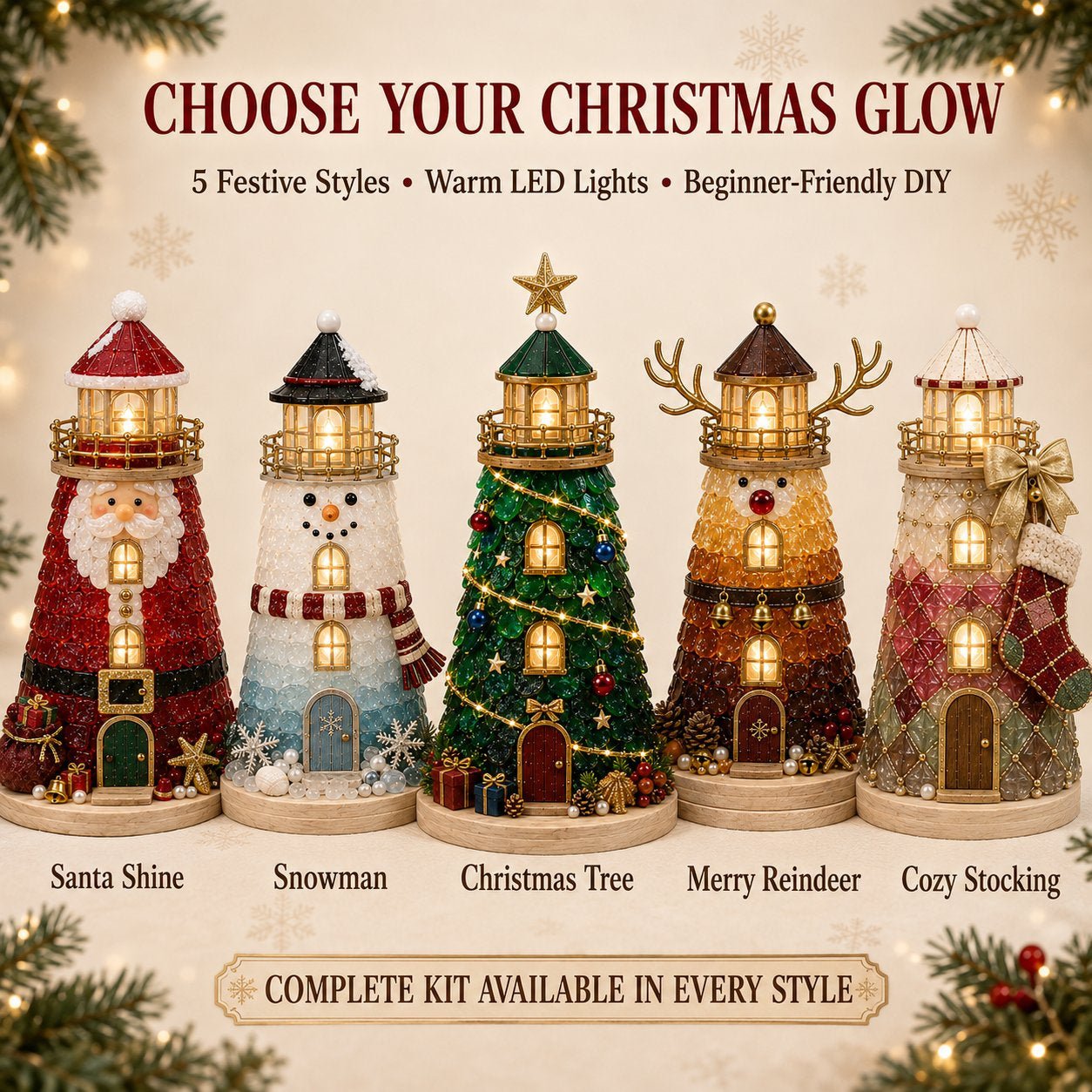 🎄Beginner-Friendly DIY Lighted Christmas Character Sea Glass-Style Lighthouse Kit Collection | Complete Kit with Sea Glass-Style Pieces, LED Lights & Step-by-Step Guide Included