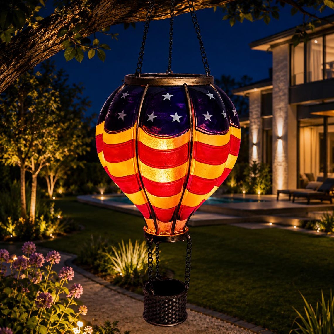 🎈 American Flag Hot Air Balloon Solar Lantern