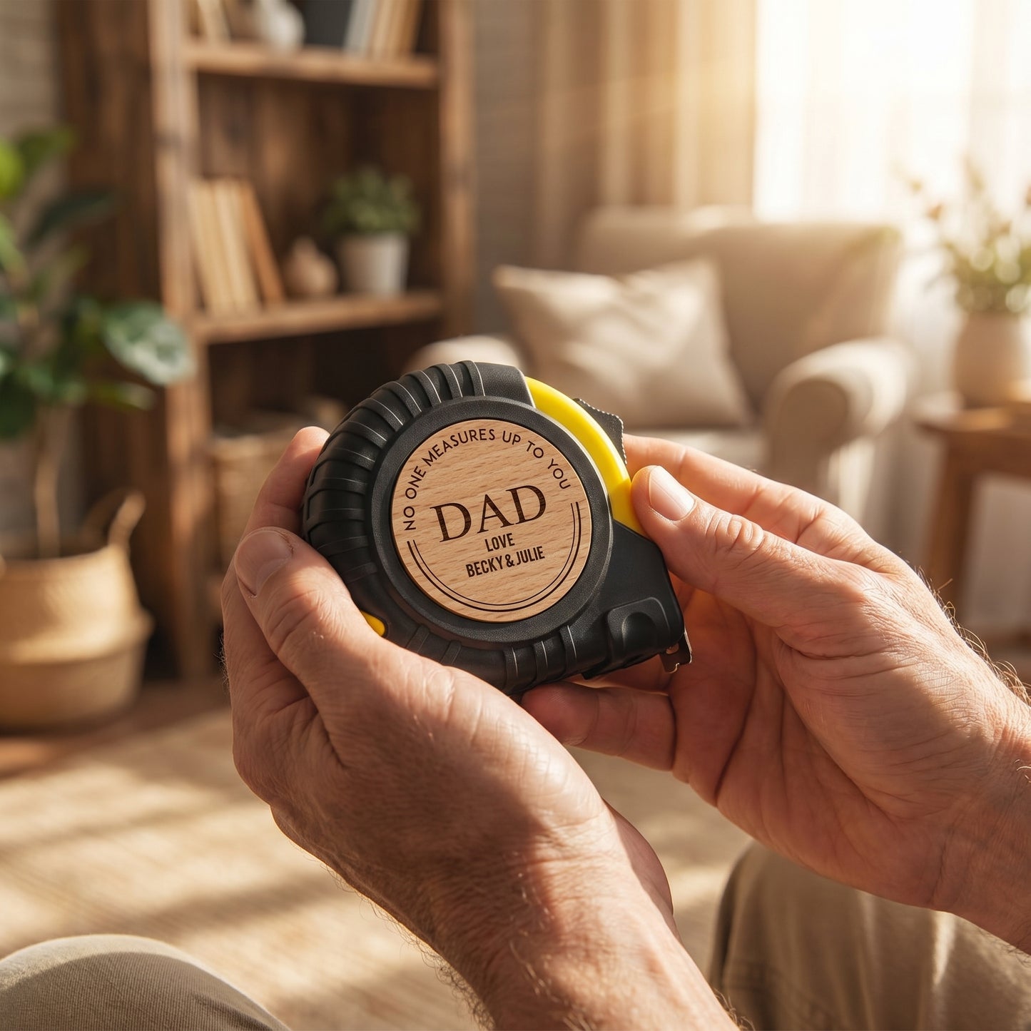 🛠️ Personalized Wooden Tape Measure – “No One Measures Up to You, Dad”