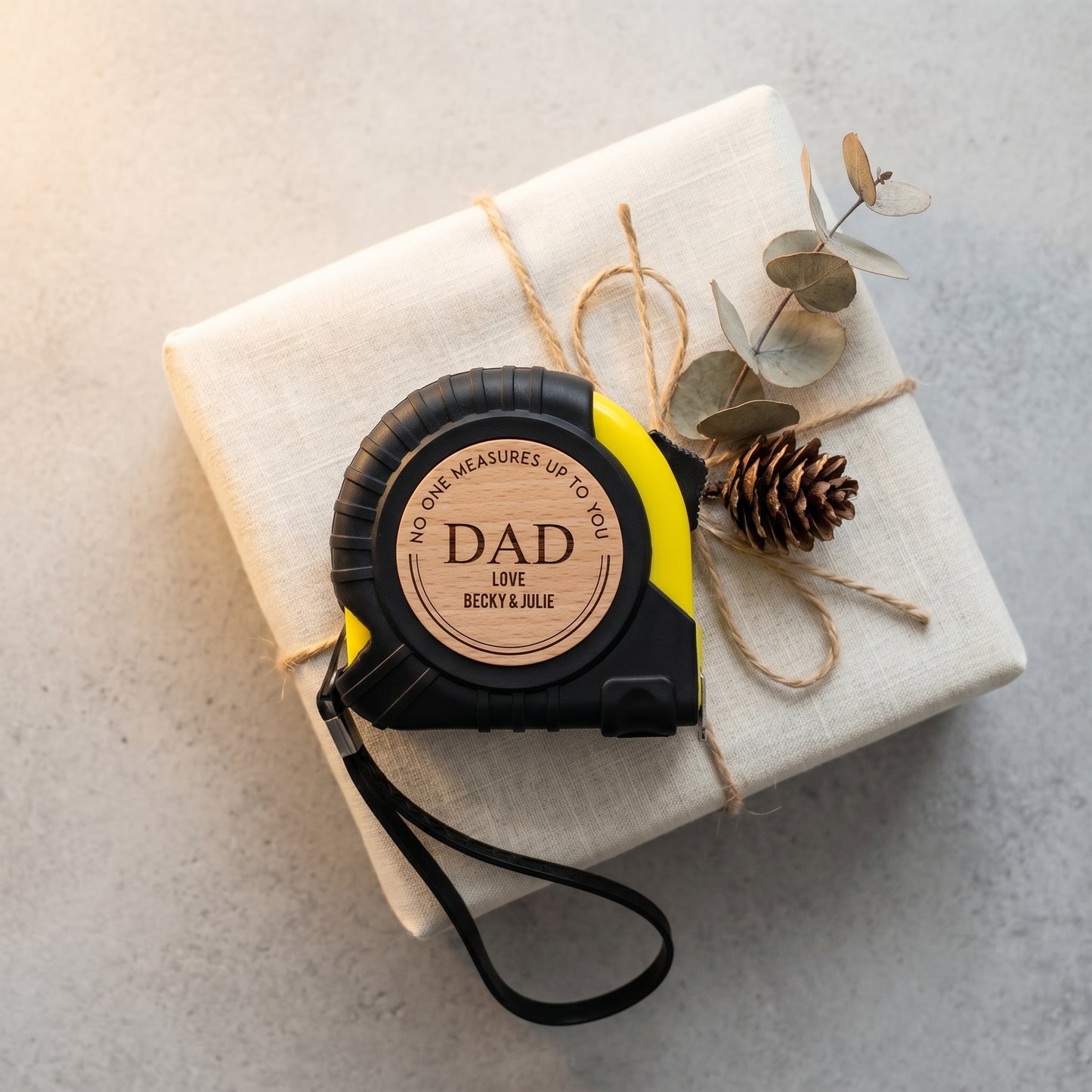 🛠️ Personalized Wooden Tape Measure – “No One Measures Up to You, Dad”