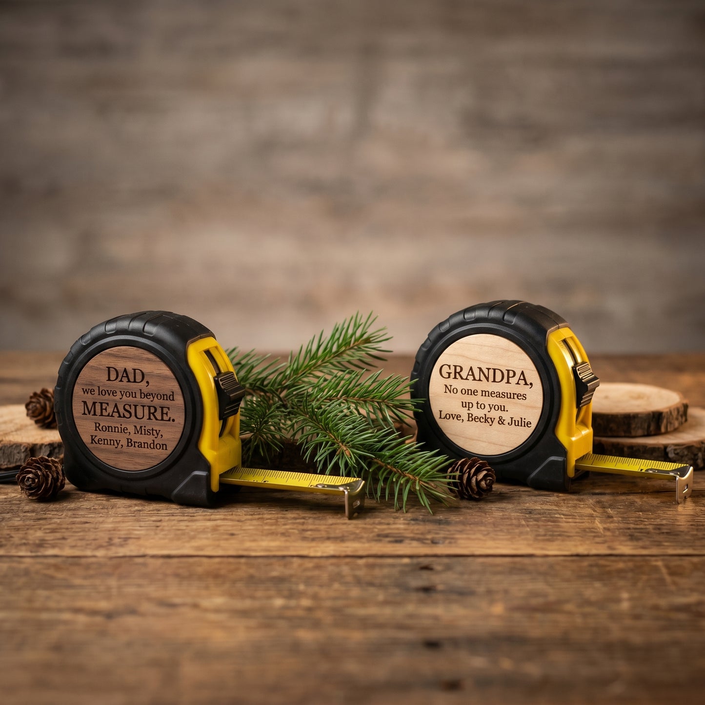 🛠️ Personalized Wooden Tape Measure – “No One Measures Up to You, Dad”