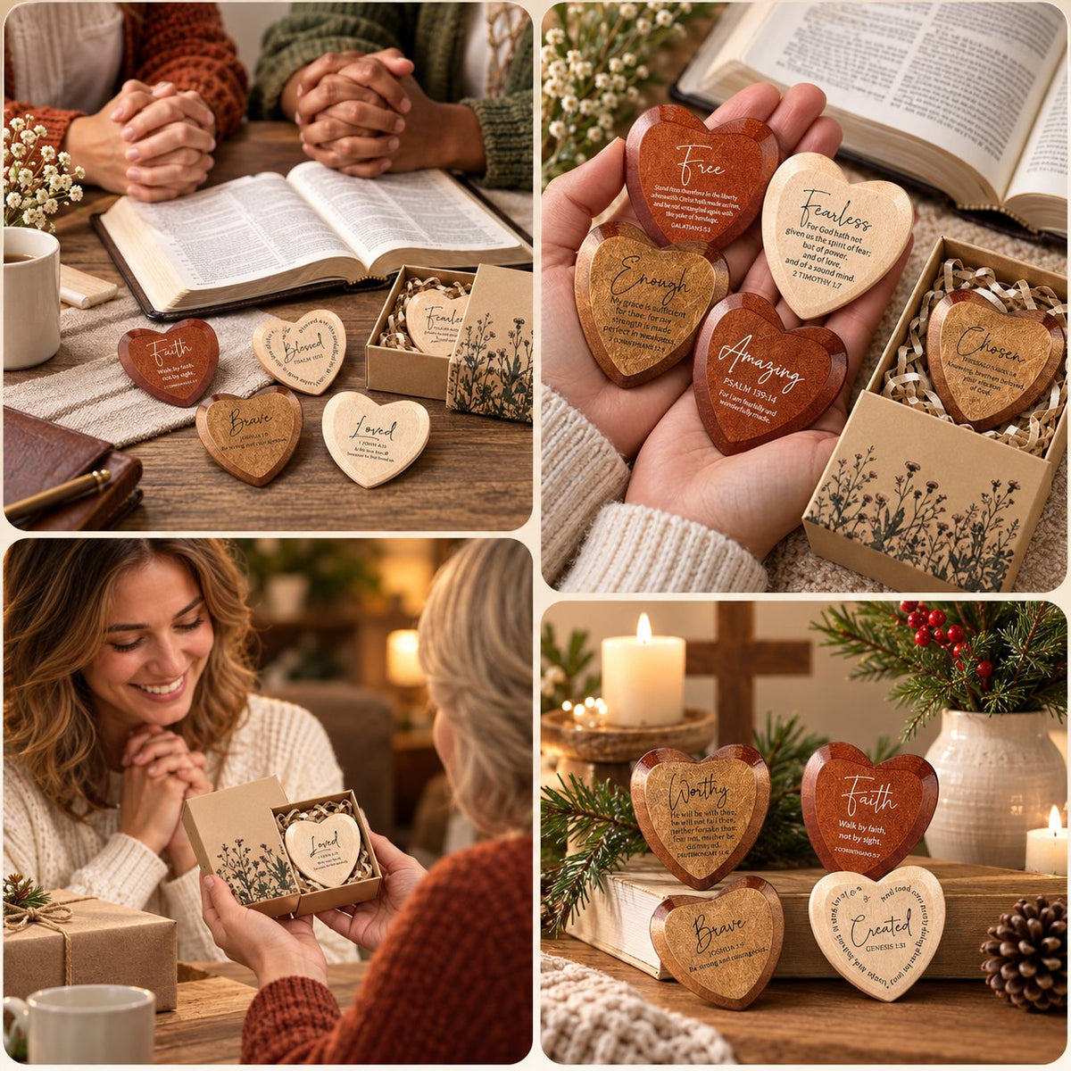 Christian Pocket Heart Gift Set - 12 Faith-Inspired Wooden Hearts with Individually Boxed Keepsakes