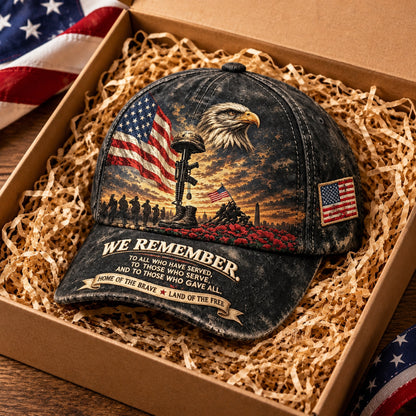 🦅 "We Remember" Vintage Patriotic Cap – Bald Eagle & Battlefield Cross Tribute Hat ✨