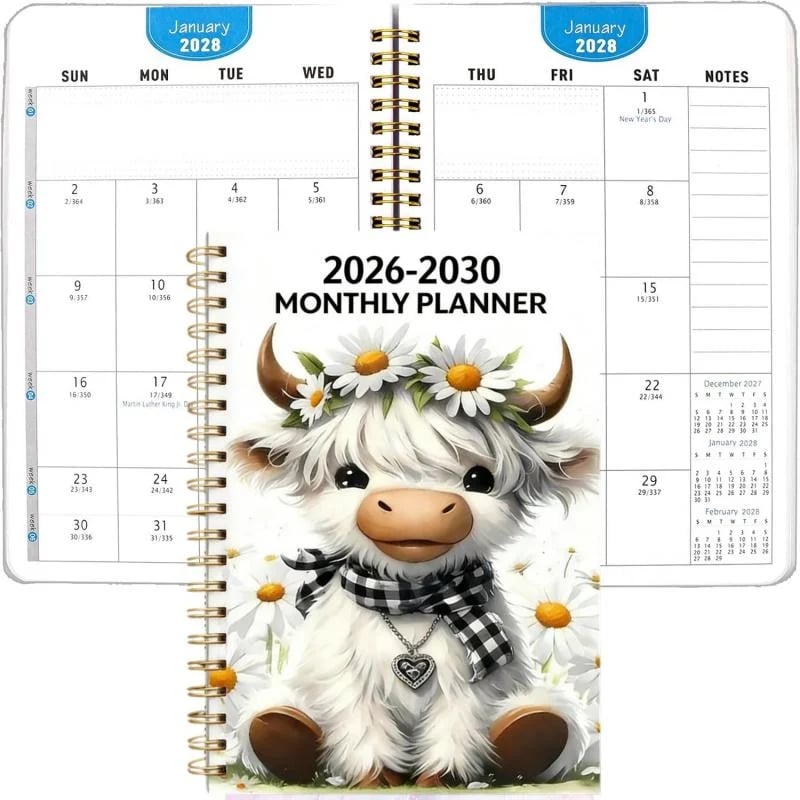 2026–2030 Monthly Planner – Cute Highland Cow Spiral Bound Calendar