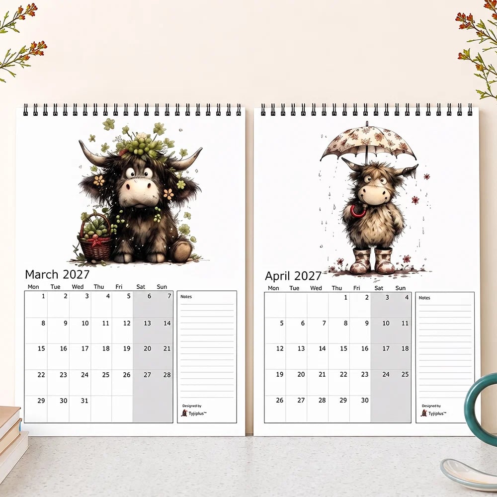 2027 Highland Cow Wall Calendar – Cute Monthly Planner Calendar, Farmhouse Animal Desk & Wall Calendar with Notes Section