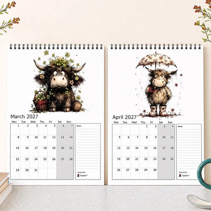 2027 Highland Cow Wall Calendar – Cute Monthly Planner Calendar, Farmhouse Animal Desk & Wall Calendar with Notes Section