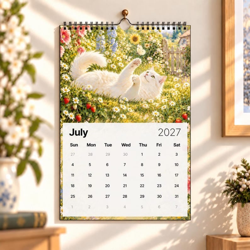 A Year of Cottage Cats 2027 Wall Calendar – Cottage Garden Cat Art, Spiral Bound Monthly Planner for Home &amp; Office