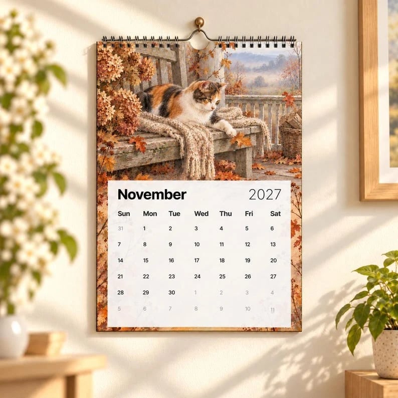 A Year of Cottage Cats 2027 Wall Calendar – Cottage Garden Cat Art, Spiral Bound Monthly Planner for Home &amp; Office