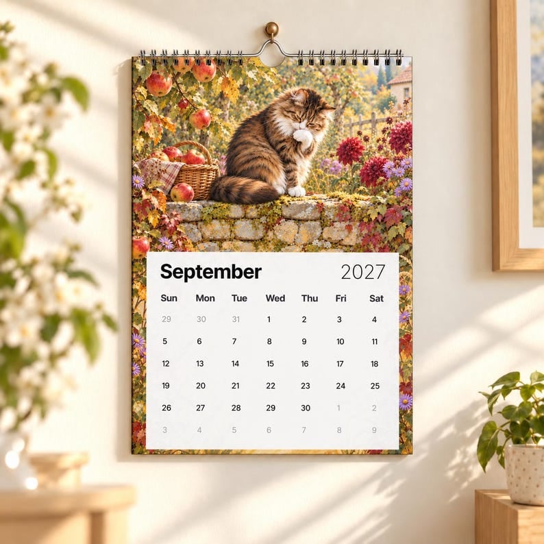A Year of Cottage Cats 2027 Wall Calendar – Cottage Garden Cat Art, Spiral Bound Monthly Planner for Home &amp; Office
