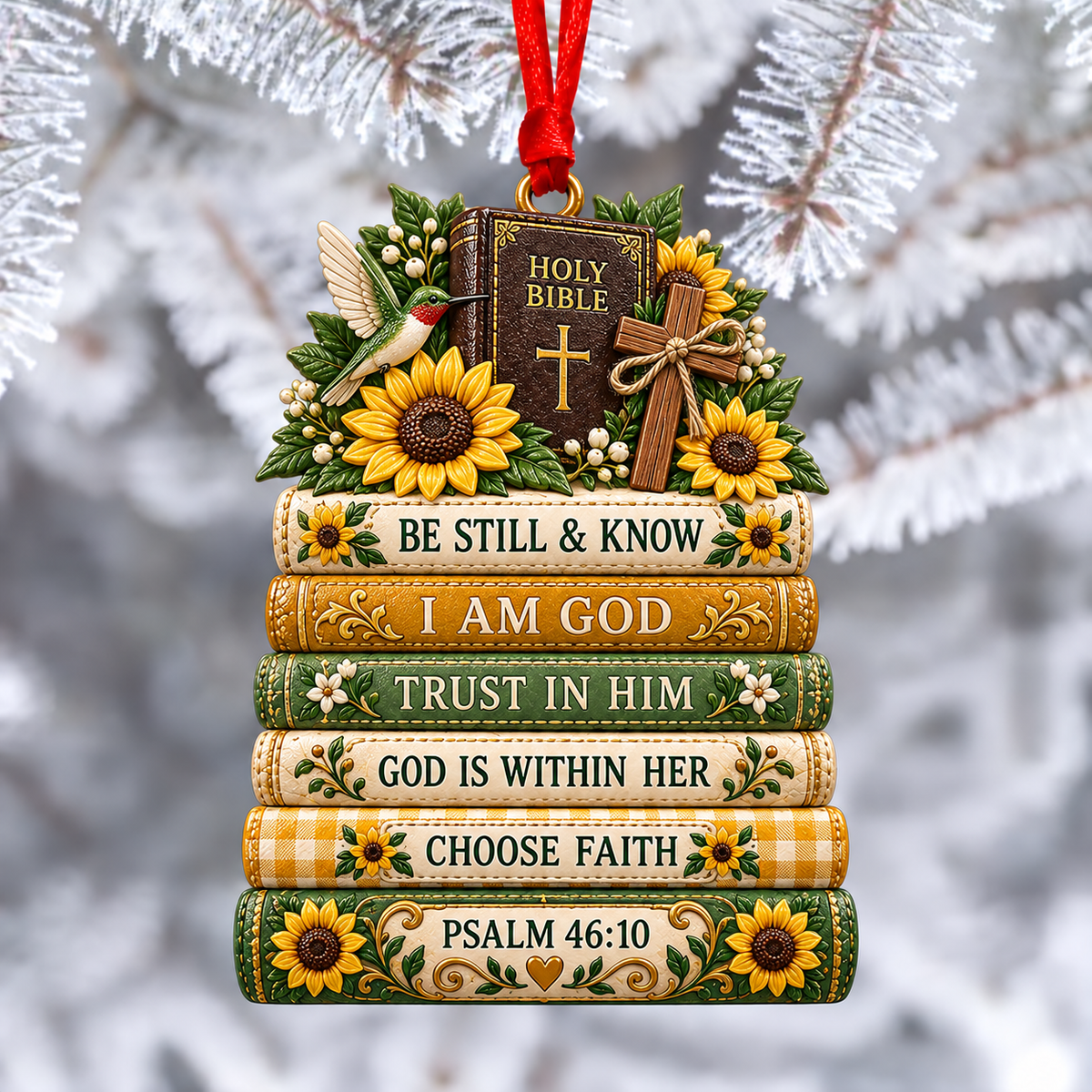 📖 Christian Bible Verse Book Stack Ornament – Faith-Inspired Hanging Decor